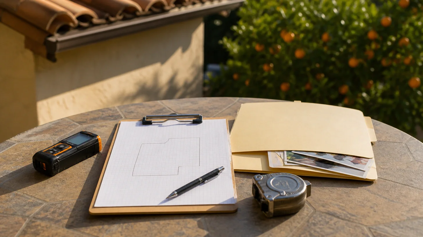 A clipboard holding a hand-drawn sheet, a folder of photographs, a tape measure and a laser measure resting on a stone patio table, with a fruiting tree and a tiled roofline behind