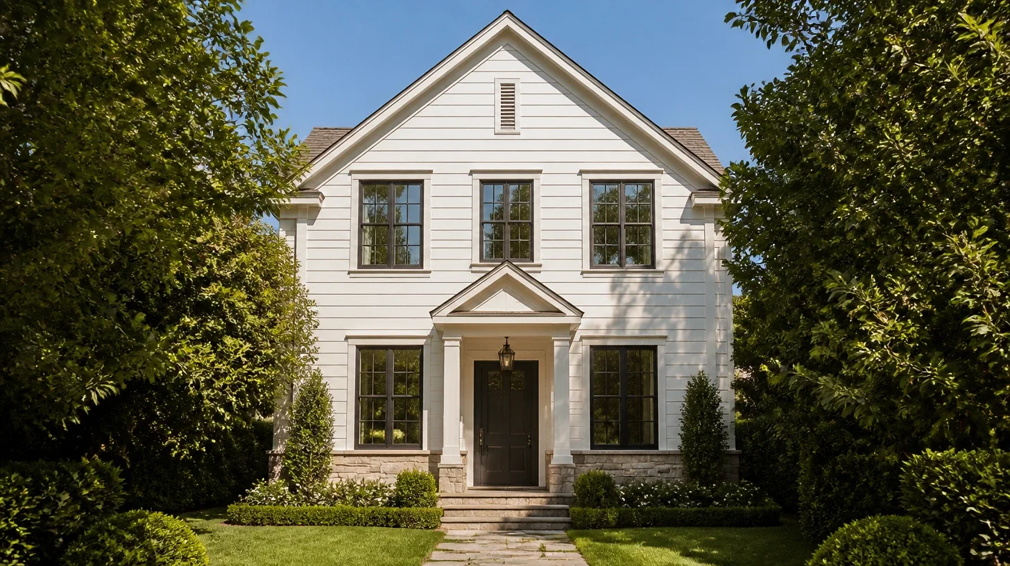 A tall gabled Calabasas home in painted board with a stone base and a central entrance, seen square on between mature planting on both sides
