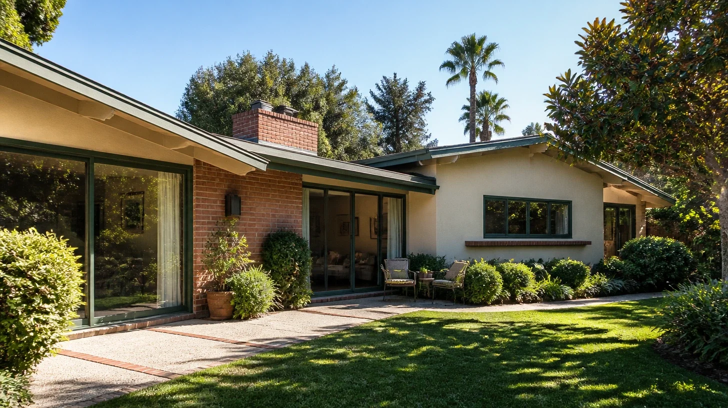 The rear elevation of a single-storey Encino home, where a later addition meets the original roofline at a shallow change of ridge height.