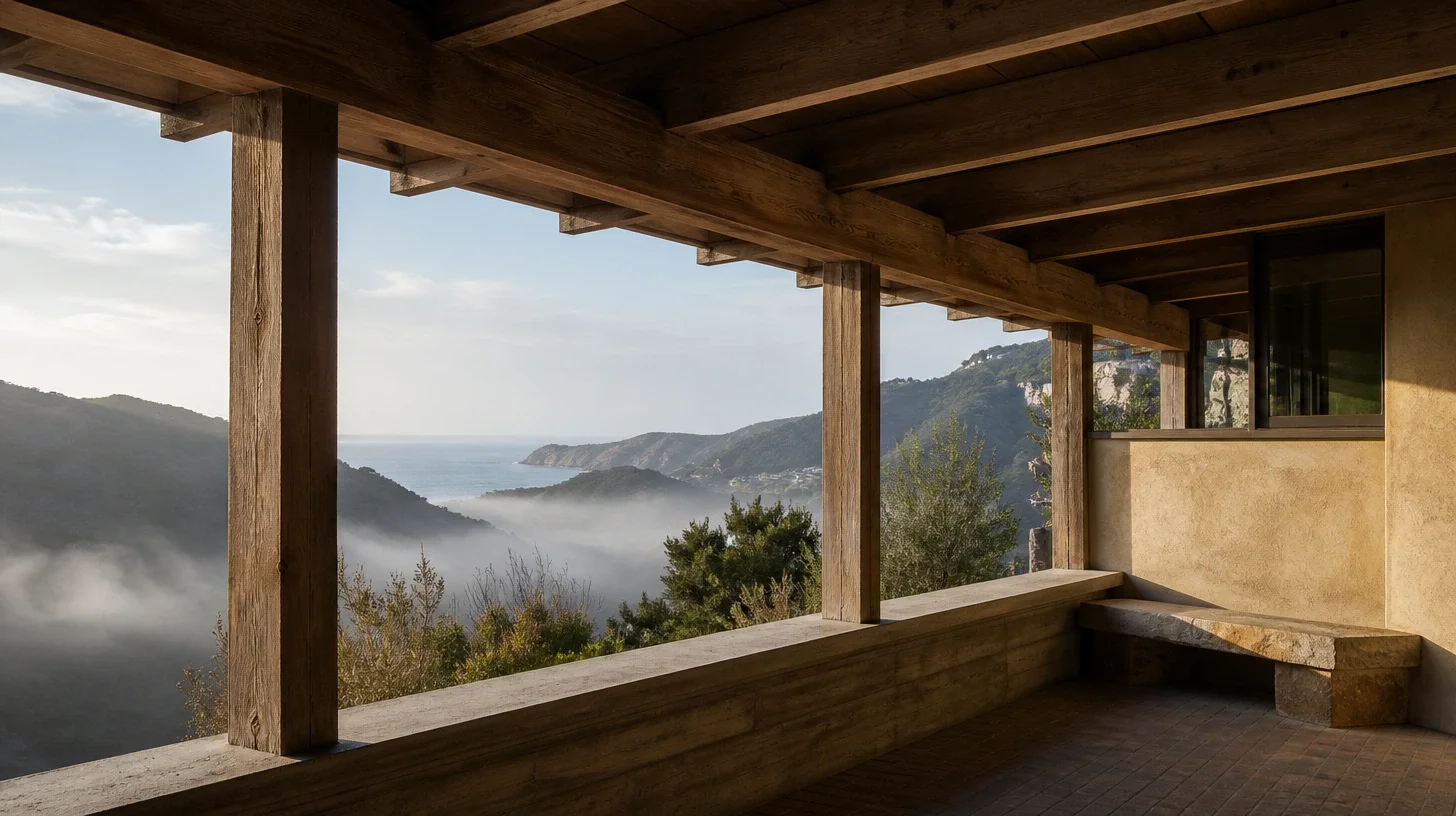 A covered veranda with heavy timber posts and beams and a low parapet, a stone bench against the stucco wall, looking out over a canyon holding morning fog with ridgelines and the ocean beyond
