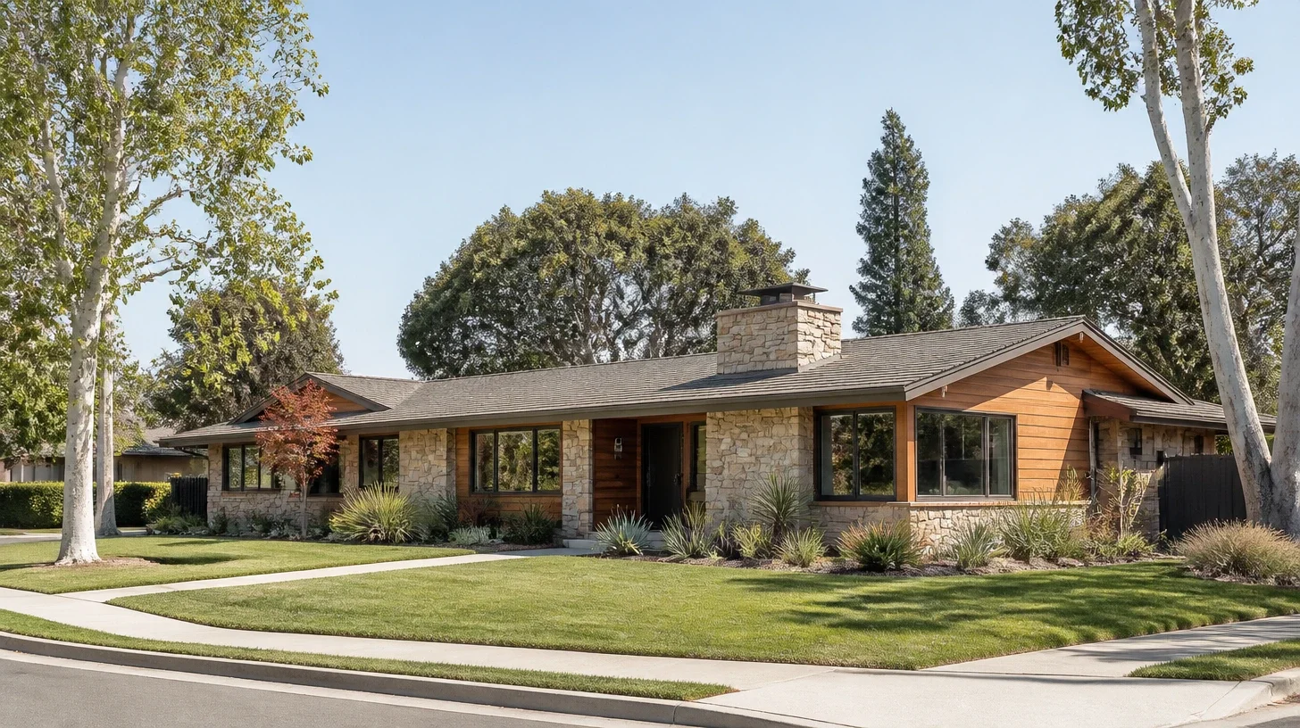 A single-storey ranch house faced in pale stone and stained timber with a wide eave and a stone chimney, seen whole from the opposite kerb across an unbroken front lawn between two sycamores