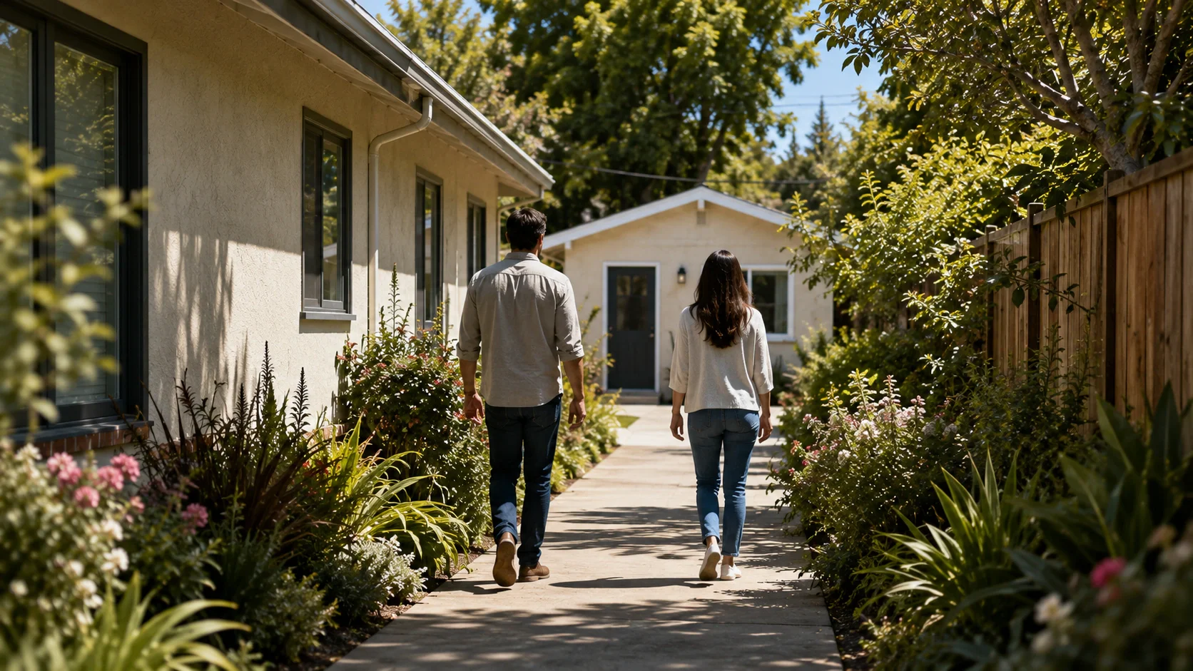 Two adults walking side by side away from the camera along a paved path at the side of a house, toward a separate single-storey structure at the rear of the lot.
