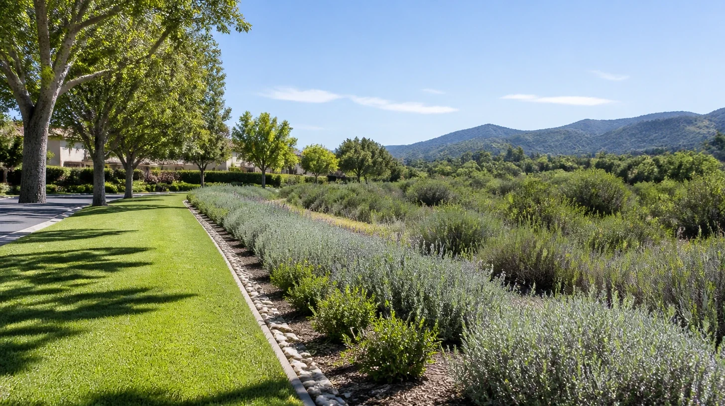 The maintained verge of an established Calabasas residential street, mown grass and clipped planting in the near ground with homes soft beyond