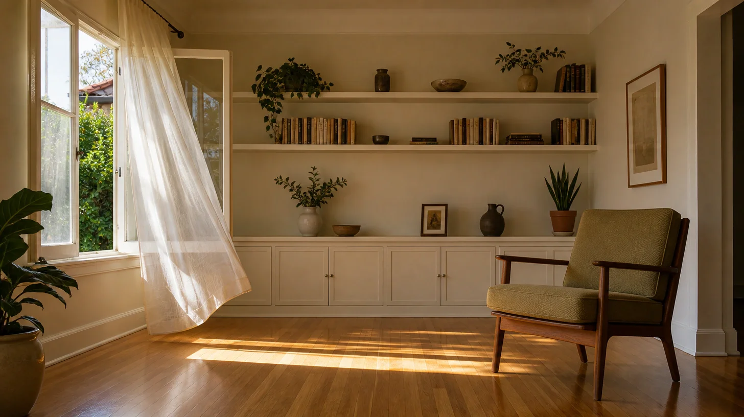 A sunlit living room with an open window and a moving sheer curtain, built-in shelves holding books and pottery, a mid-century armchair and a polished wood floor