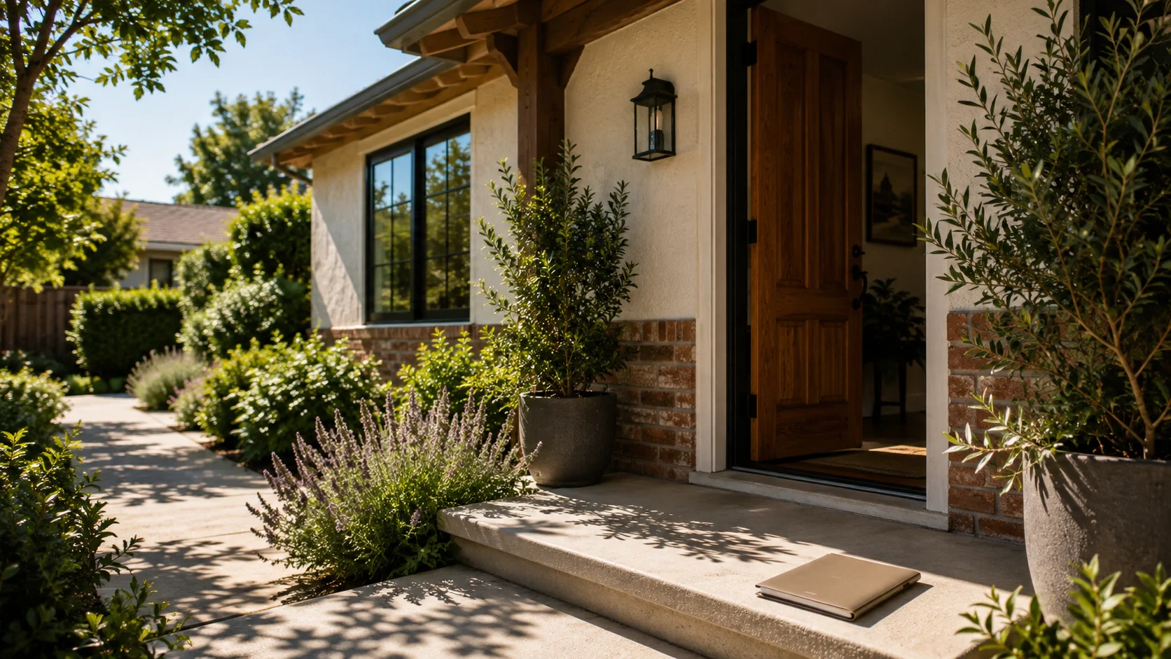 The open front door of a single-storey stucco home with a brick base course, seen from the entry path, with a plain closed folder resting on the porch step.