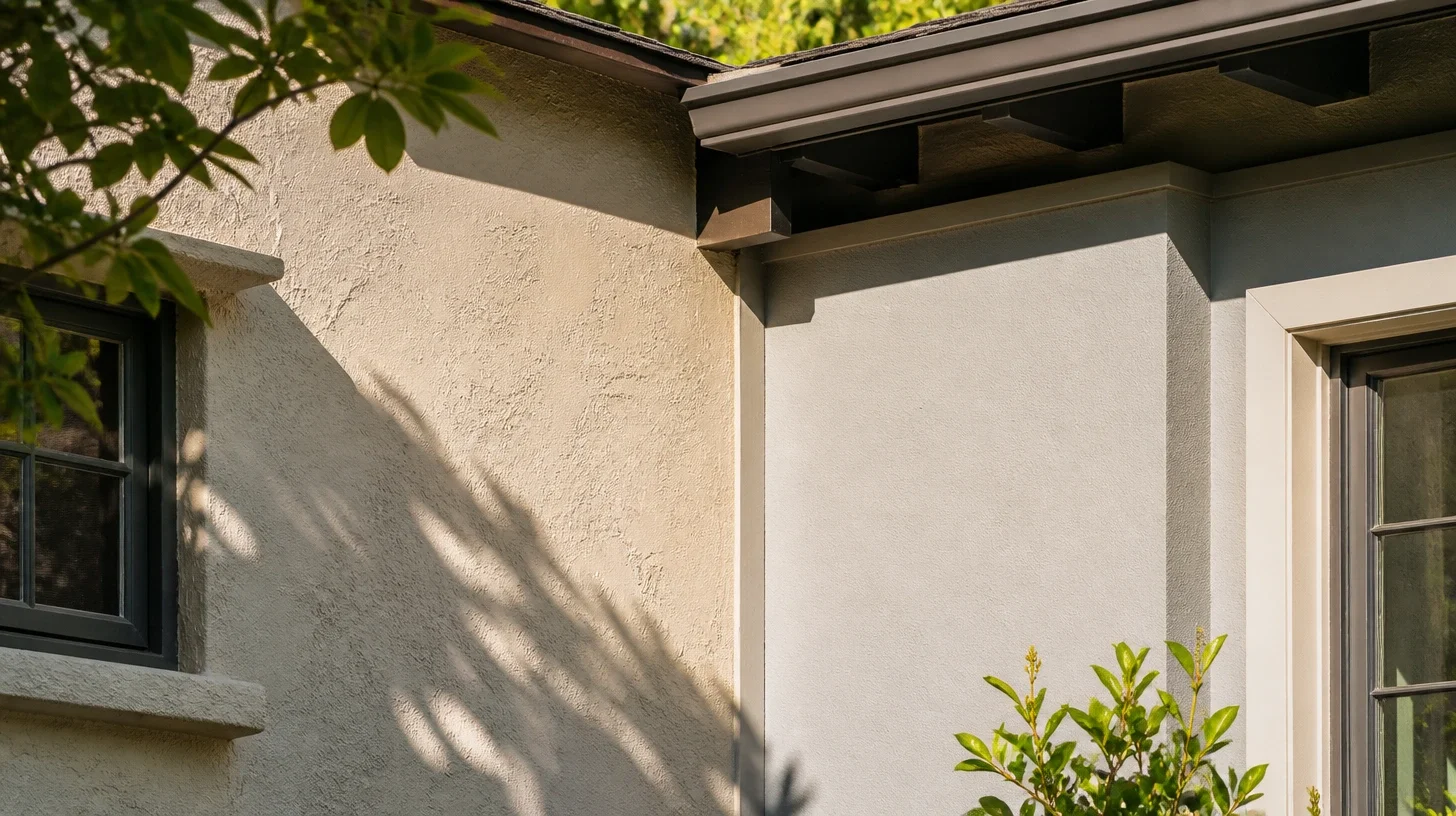A close view of the junction where an older stucco wall meets a later addition on a Studio City home, the two surfaces meeting at a clean vertical seam in raking light