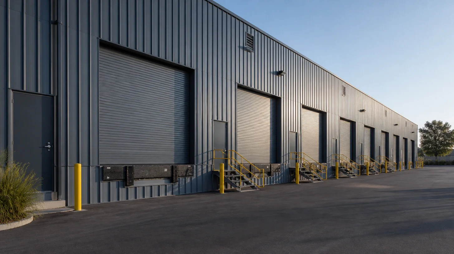 A flex-industrial building elevation with six roll-up loading doors in a row, dock levellers, yellow pipe bollards and steel stairs to personnel doors