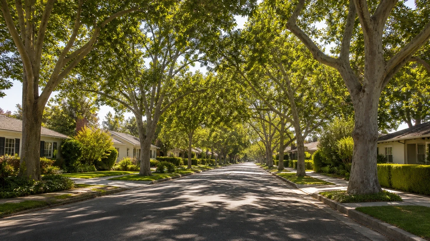 A long view along a Studio City residential street, established homes on both sides beneath a continuous tree canopy.