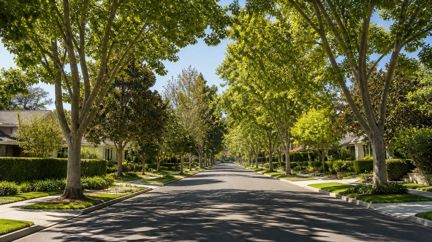 A tree-lined residential Studio City street seen at eye level from the pavement, with dappled light across the roadway