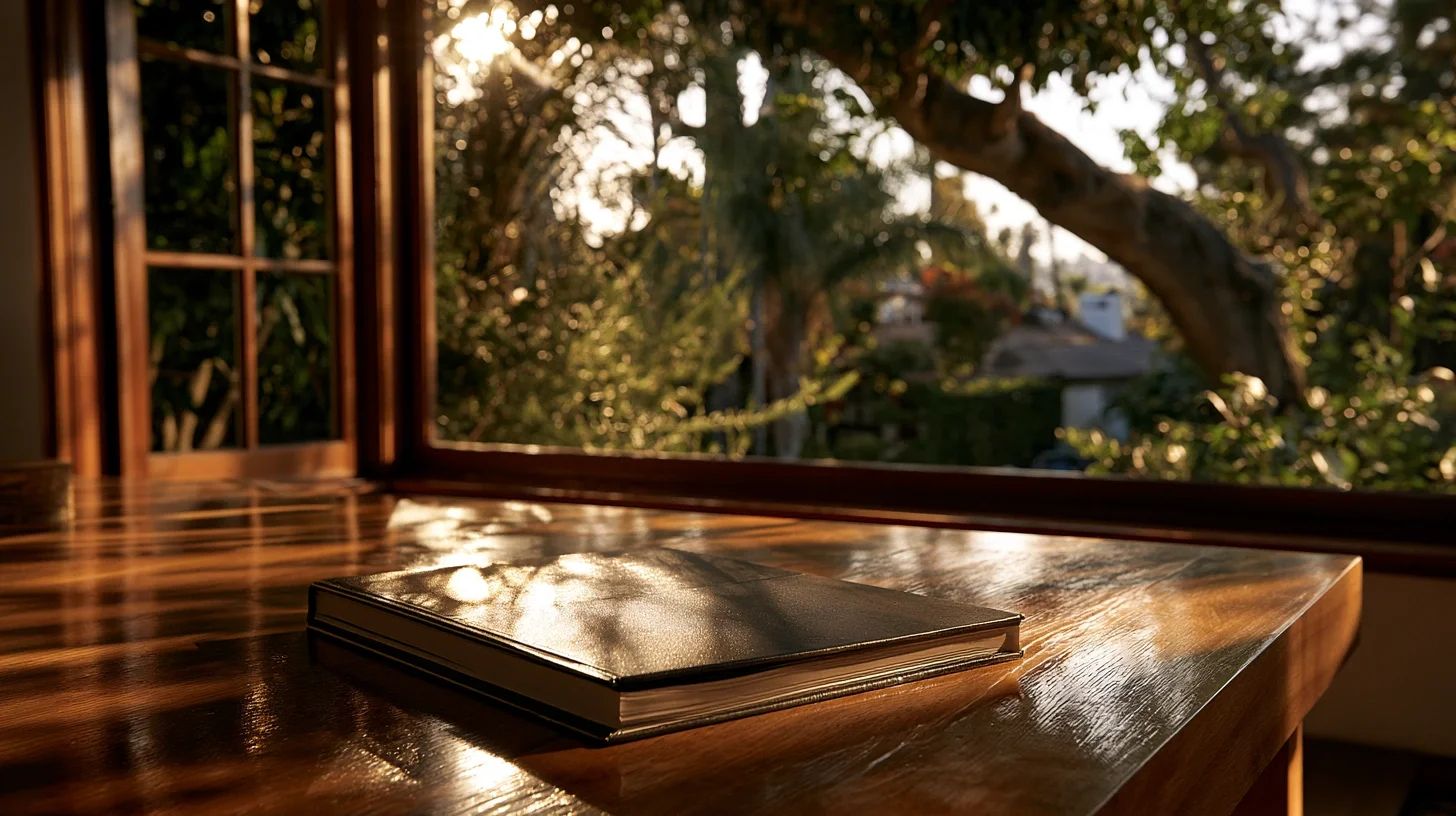 A single bound appraisal report lying closed on a wooden table beside a window, with a neighbouring rooftop visible outside.