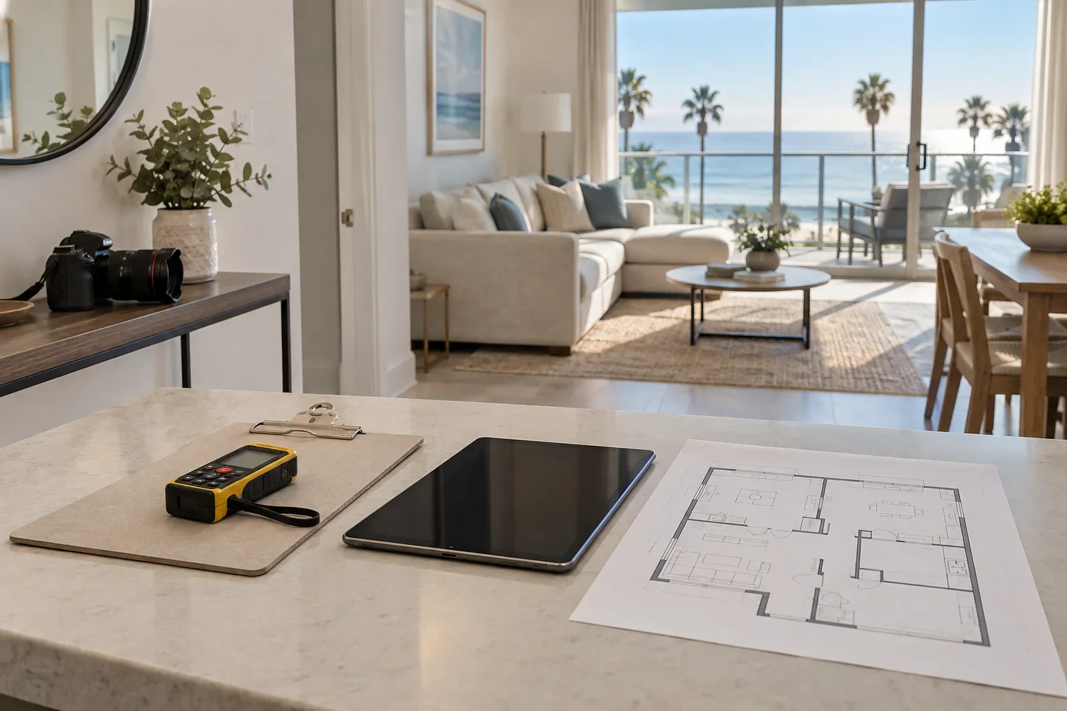 Inspection tools and floor plan prepared inside a Santa Monica coastal condominium