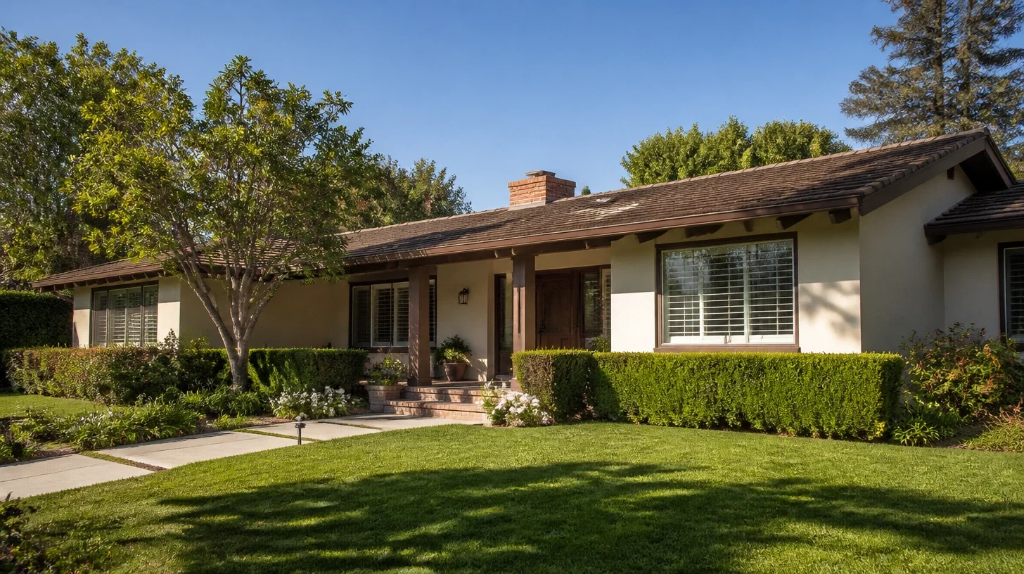 A single-storey Encino ranch house seen across its front lawn, deep eaves and planting that is visibly maintained.