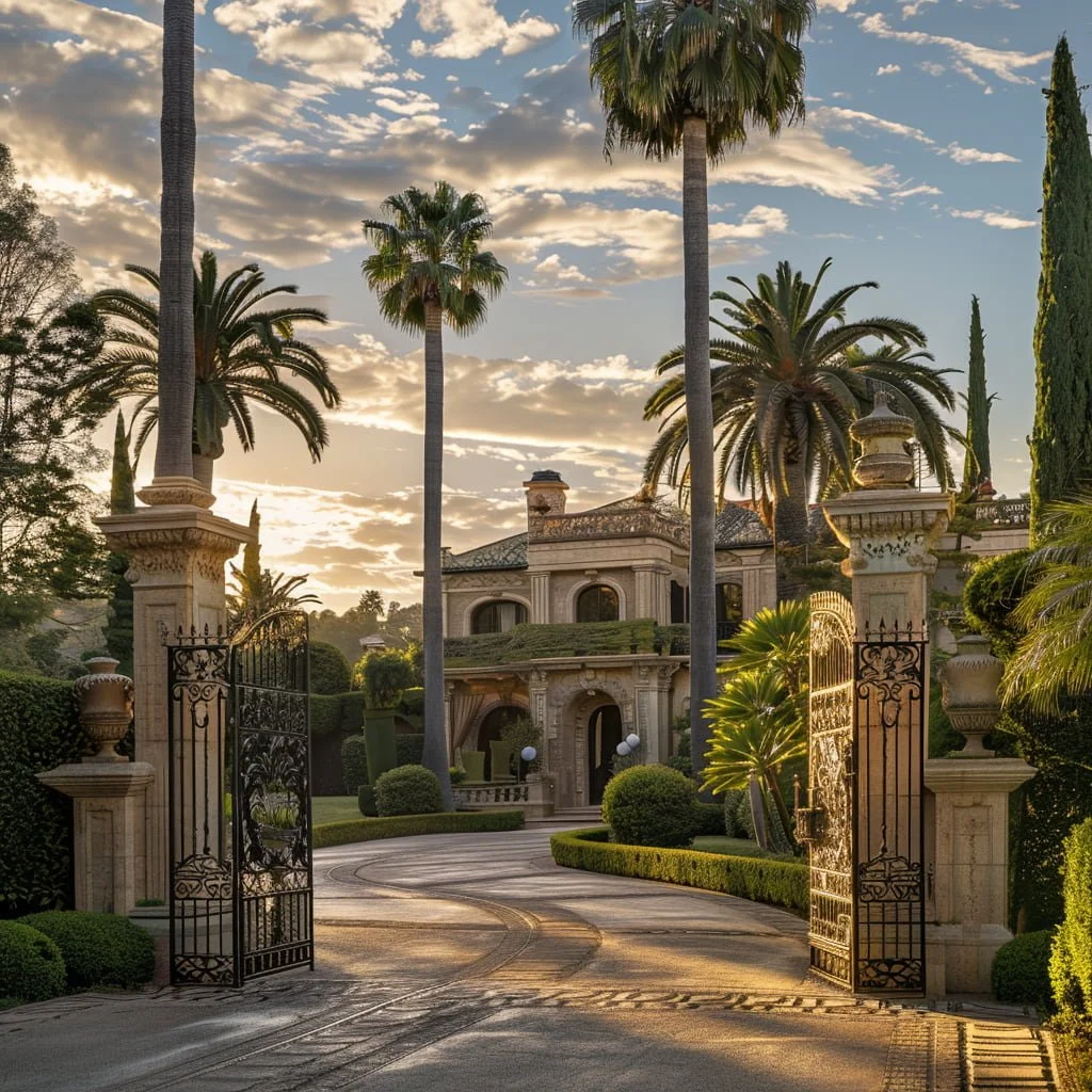 Elegant Beverly Hills mansion exterior representing equitable divorce property valuation.