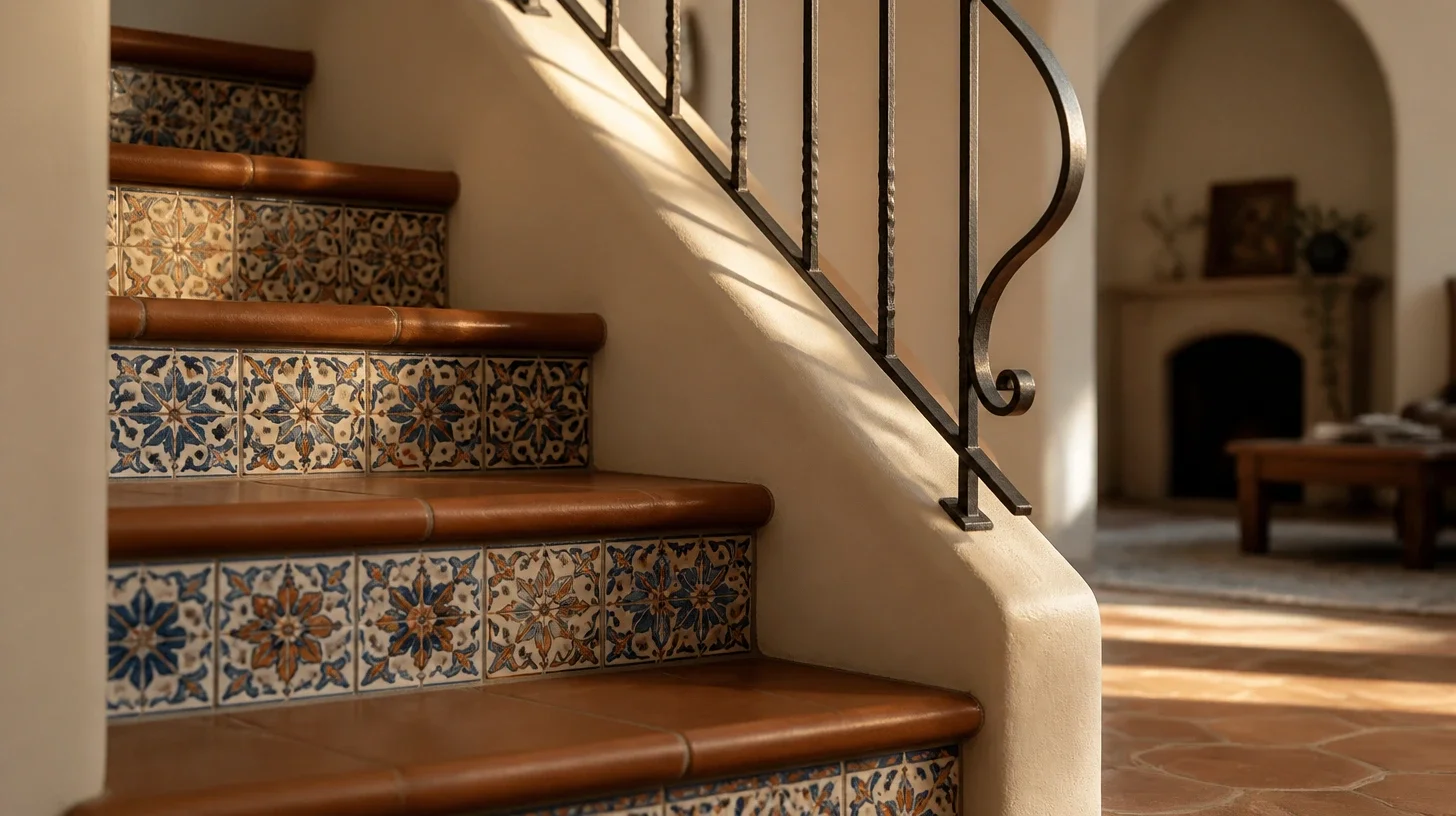 A close view of a staircase with risers faced in blue and ochre patterned tile and rounded terracotta treads, a scrolled wrought-iron rail alongside, and a softly blurred room with a fireplace beyond