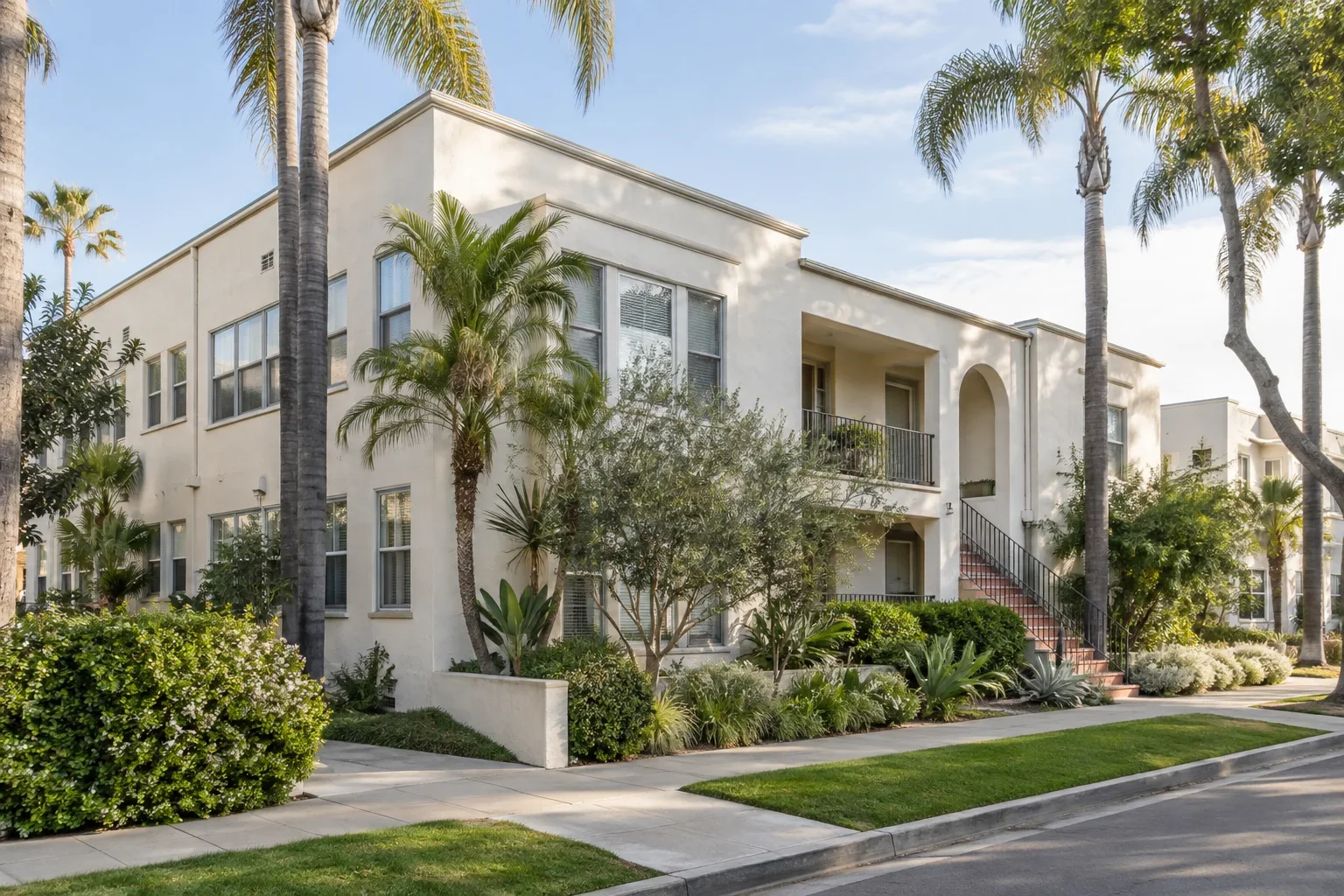 Low-rise Santa Monica apartment building with mature palms and coastal landscaping