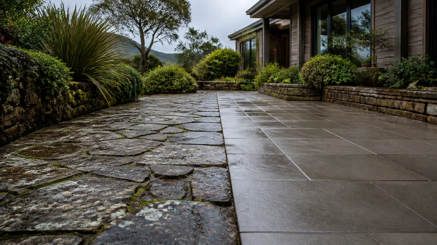 Two paved surfaces laid years apart meeting along a straight line on a Malibu property, damp after rain so the difference in age and material reads plainly
