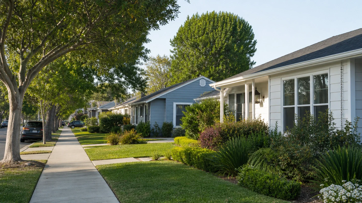 A street of single-storey houses under mature trees, with a sidewalk running into the distance, clipped lawns and cars parked along the kerb