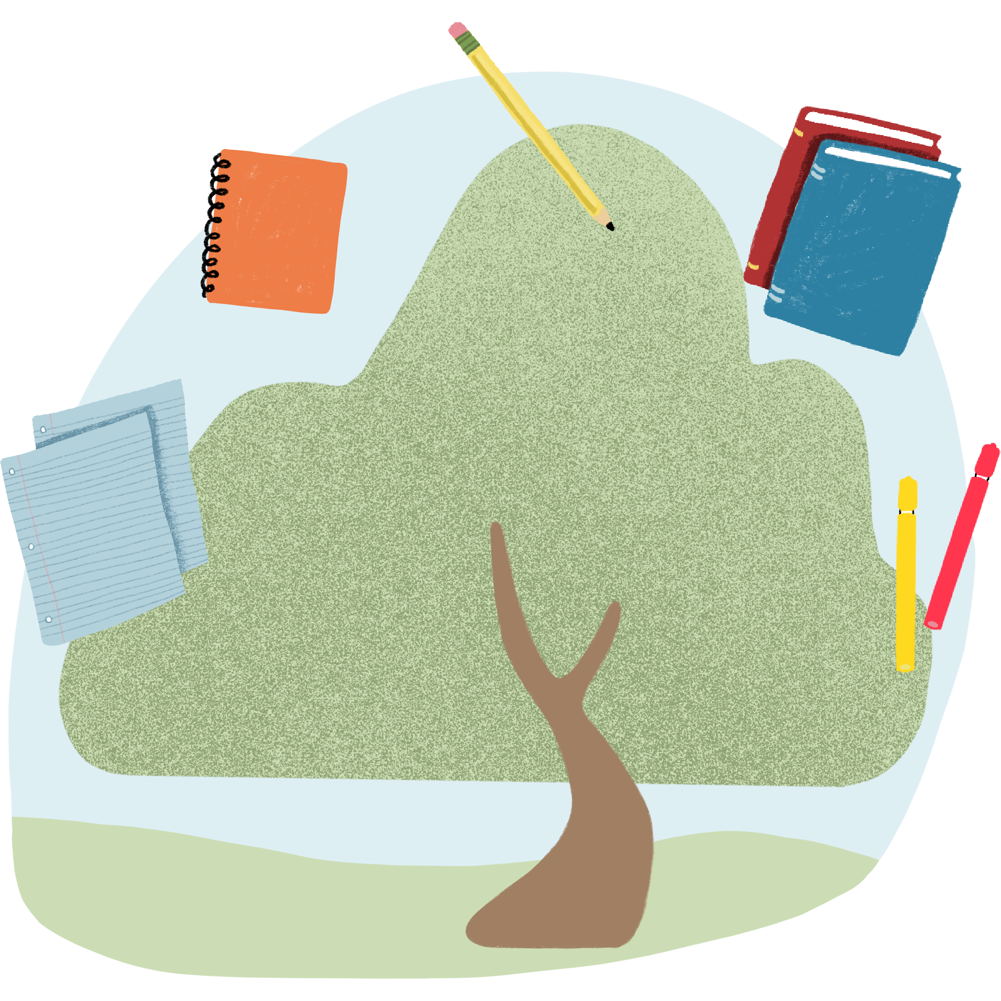 illustration of a tree with school supplies above