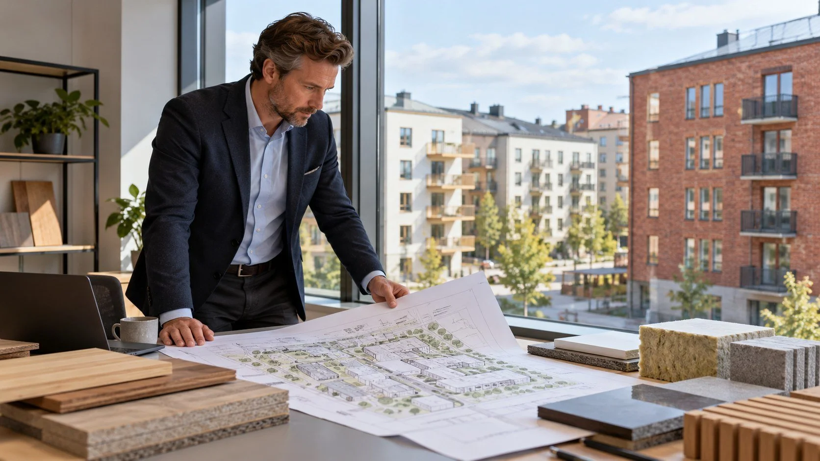 En säljare hos en materialleverantör studerar en projektplan vid ett fönster mot svenska bostadshus.