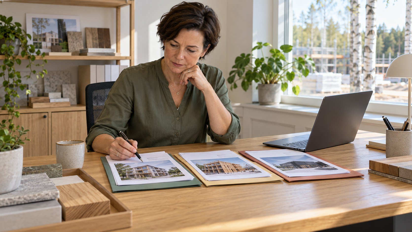 Försäljningschef prioriterar byggprojekt med projektunderlag och materialprover på ett ljust svenskt kontor.