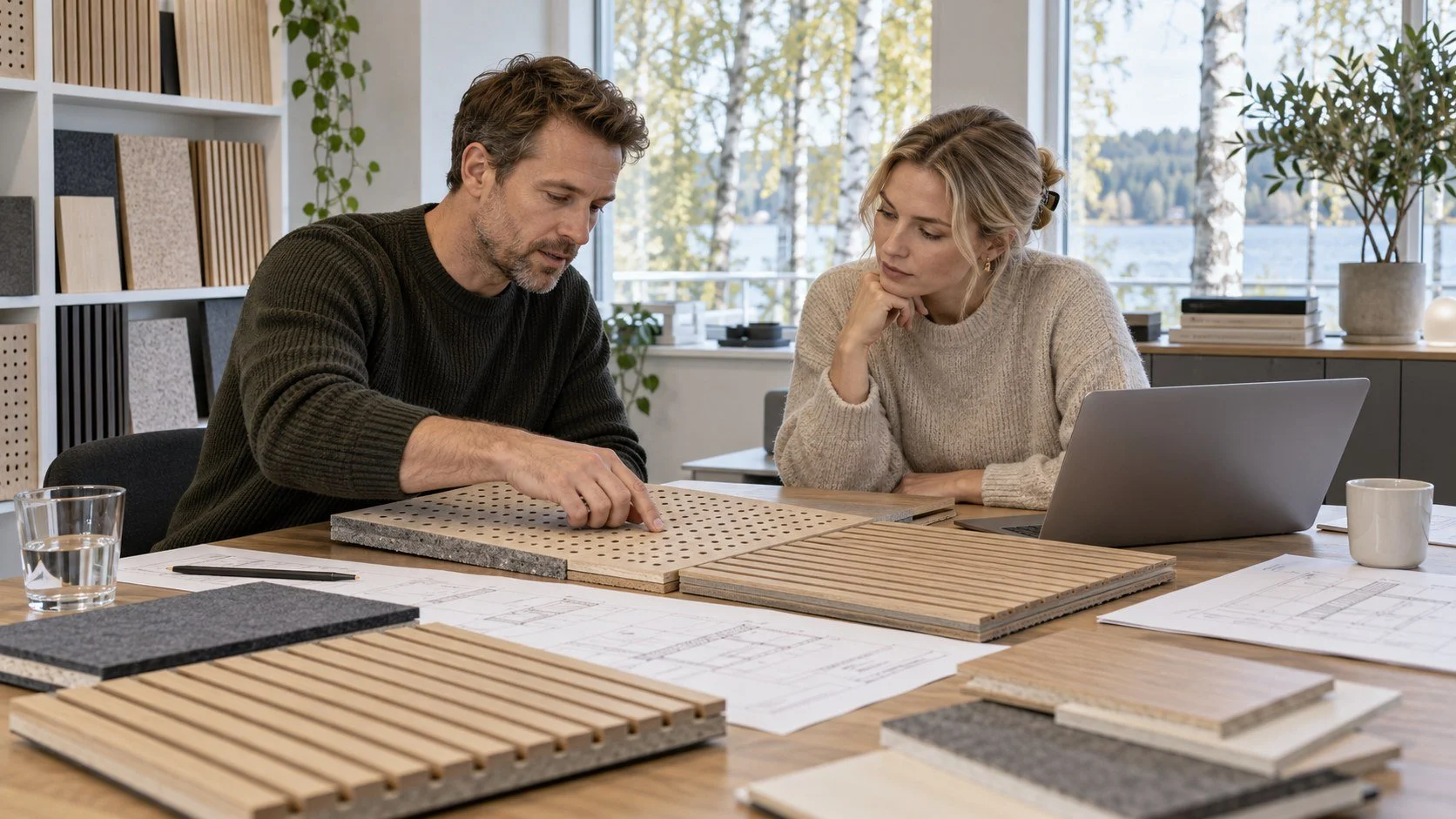 Två kollegor granskar akustikpaneler, materialprover och tekniska ritningar på ett svenskt leverantörskontor.