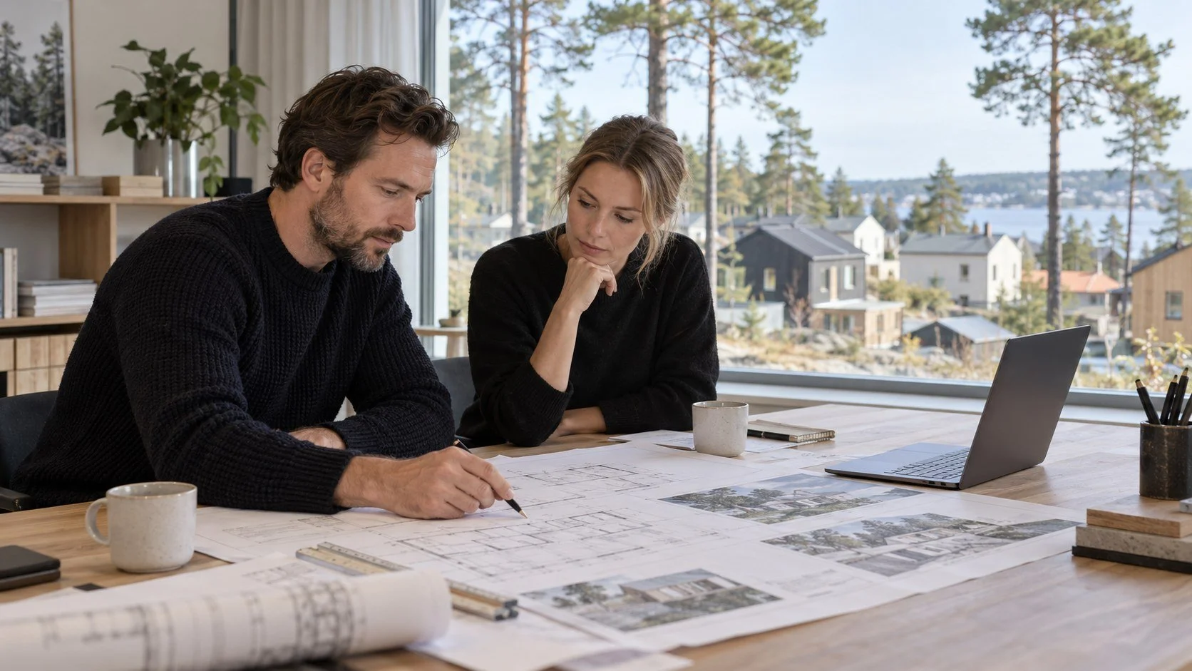 Två kollegor diskuterar projektval på ett svenskt byggföretags kontor.