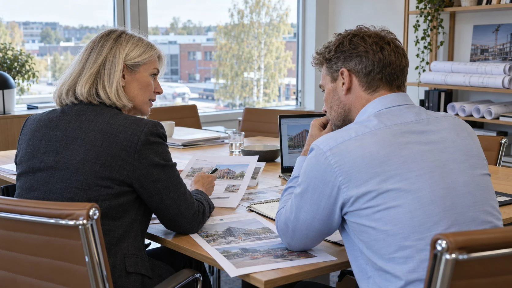 Företagsledare och kalkylchef analyserar tidigare byggprojekt på ett ljust svenskt entreprenadkontor.