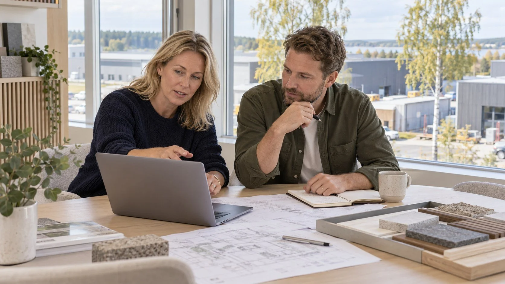 Säljchef och kollega på ett svenskt materialleverantörskontor granskar projektmöjligheter tillsammans.