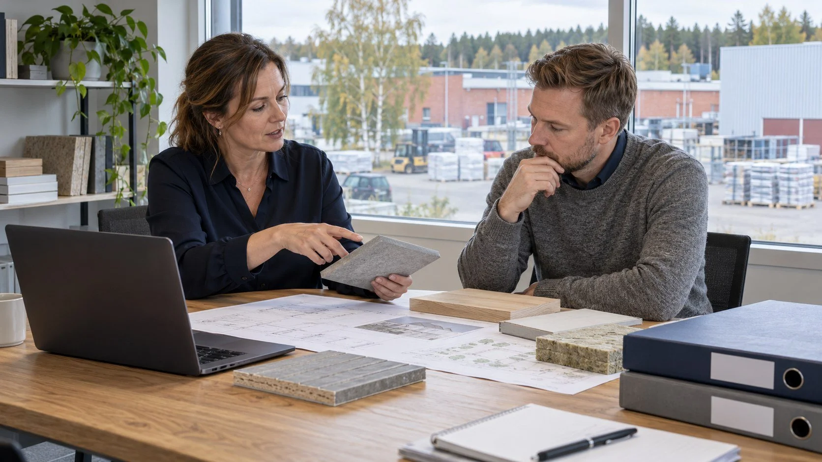 Två kollegor jämför projektunderlag och materialprover på ett svenskt leverantörskontor.