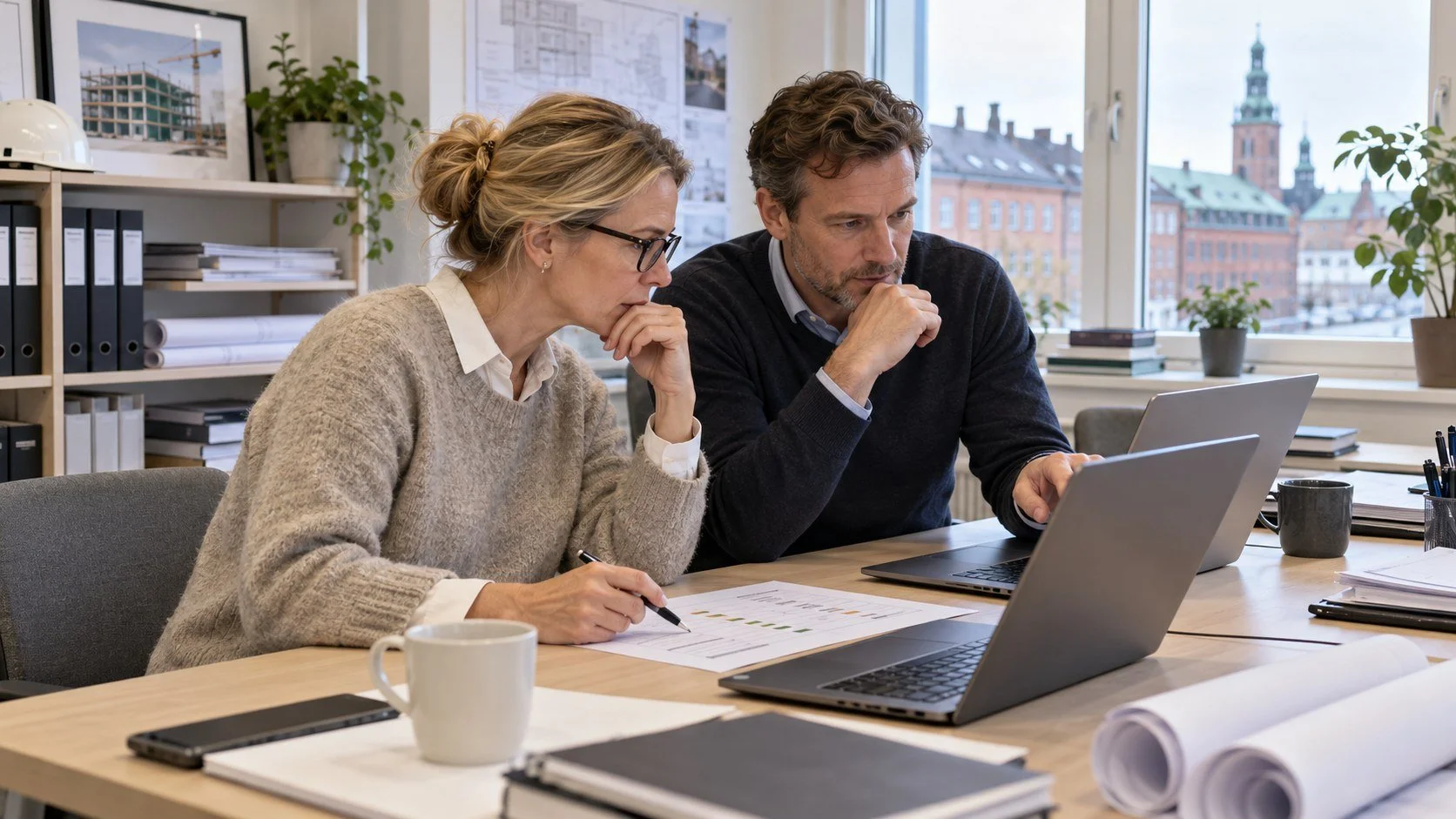 Två anbudsansvariga granskar datorer och en jämförelselista på ett ljust svenskt byggföretagskontor.