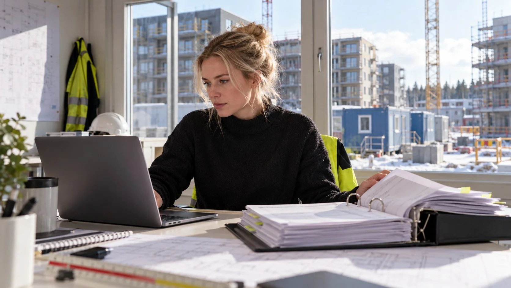 En kalkylator granskar dokument och en dator i ett svenskt byggkontor.