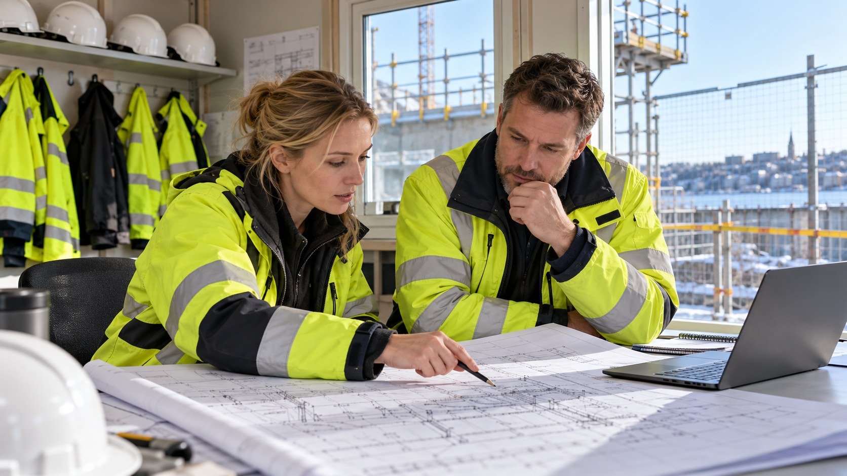 Två medarbetare granskar tekniska ritningar i ett svenskt projektkontor med byggarbetsplats utanför.