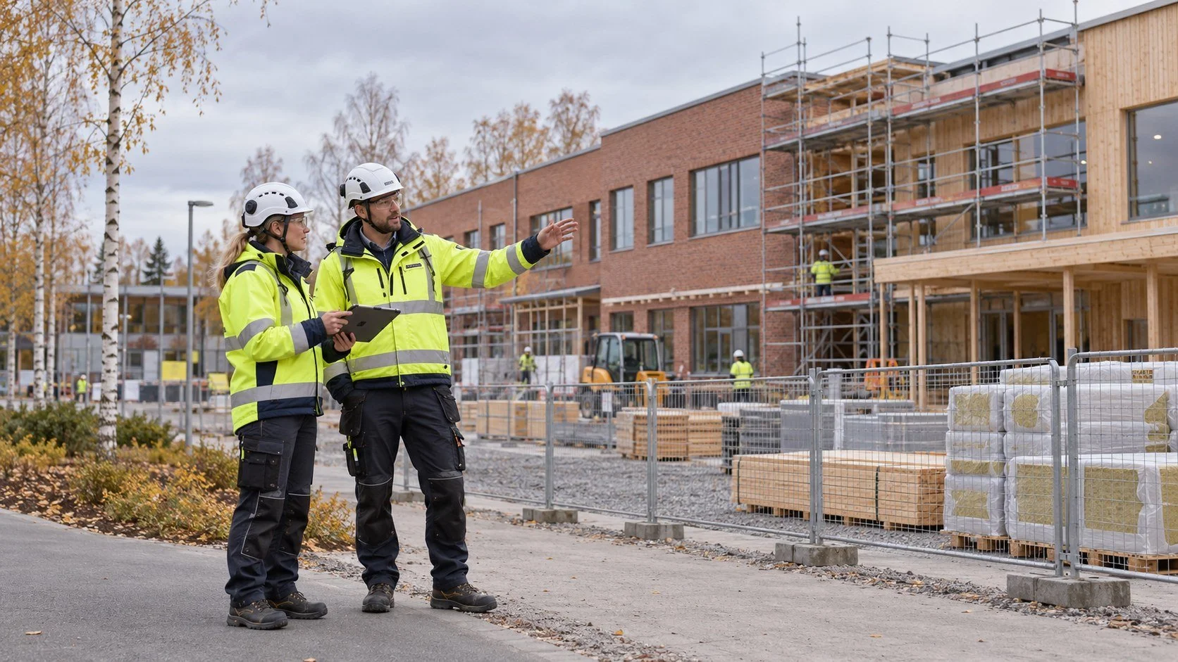 Materialleverantör och platschef vid en svensk skolbyggarbetsplats med varselkläder, skyddshjälmar och byggmaterial.
