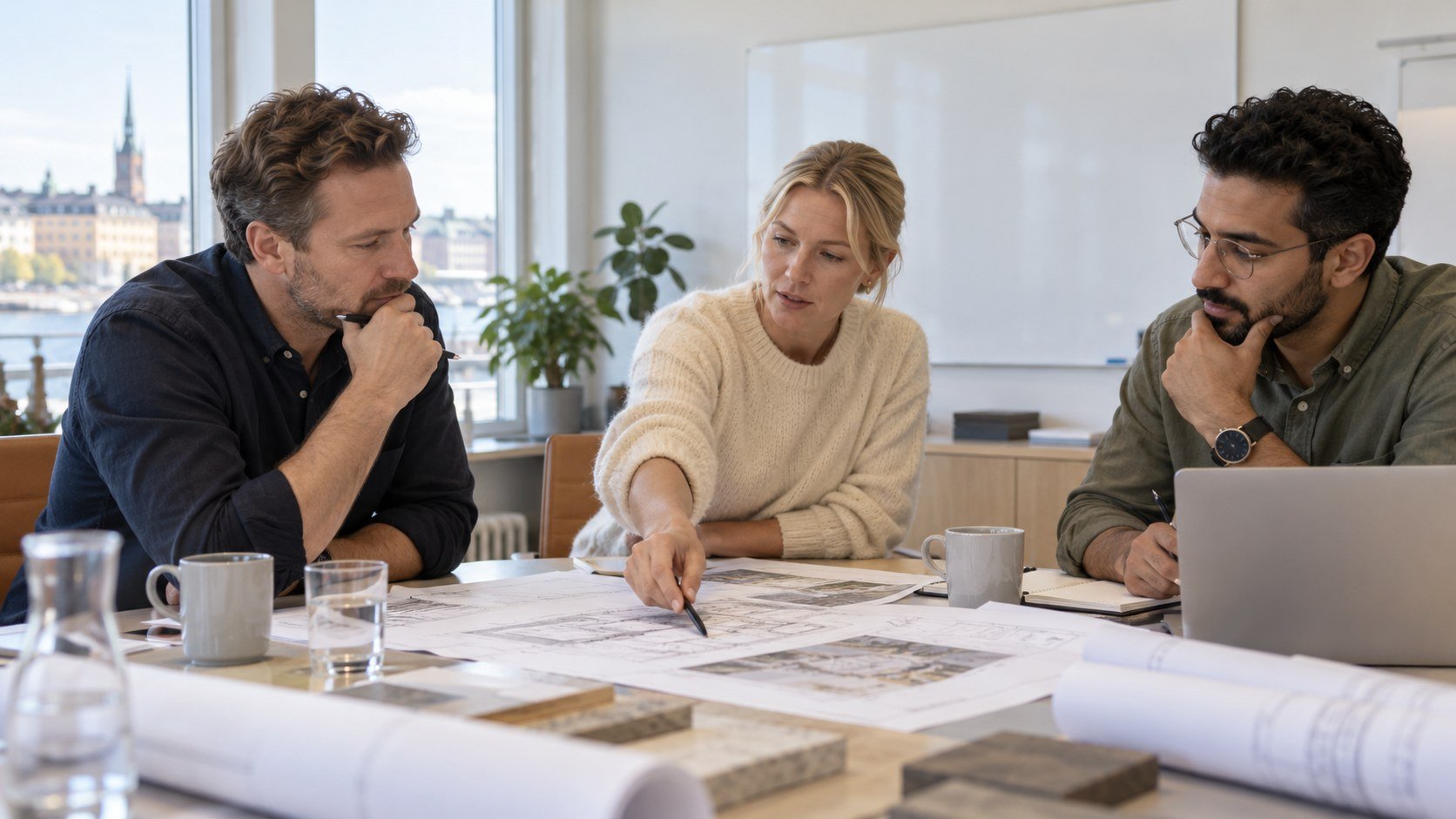Ett anbudsteam diskuterar ritningar och projektunderlag i ett ljust svenskt mötesrum.