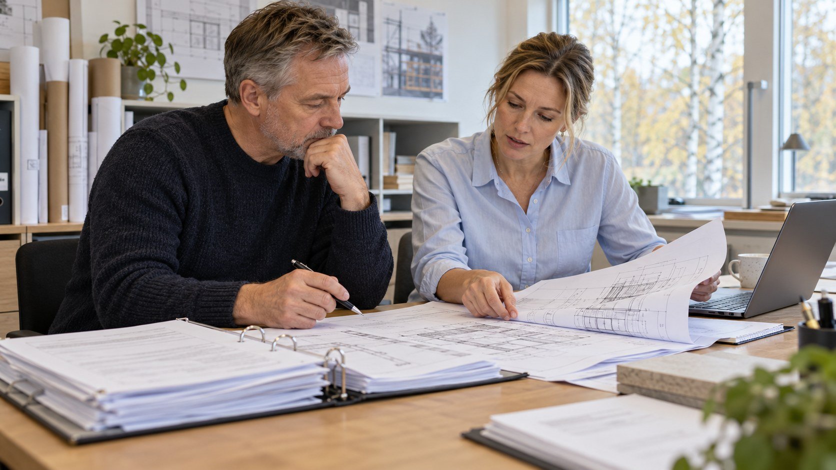 Kalkylator och anbudsansvarig granskar förfrågningsunderlag och byggritningar på ett svenskt entreprenadkontor.