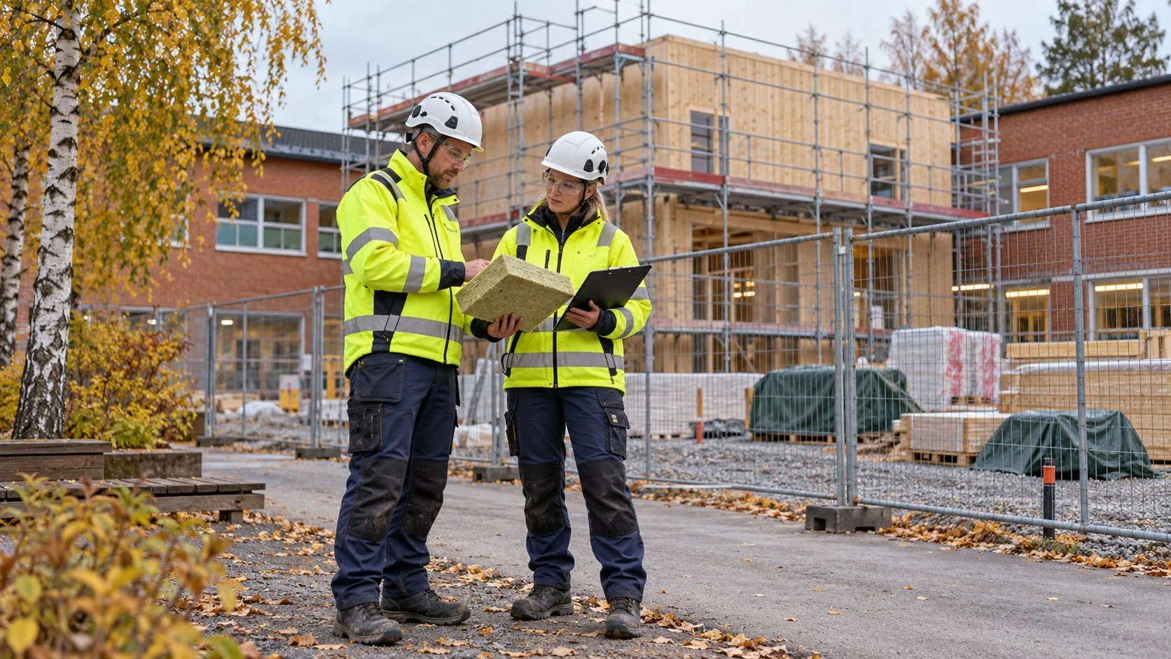 Materialleverantör och kalkylator granskar materialprov vid en svensk skolbyggarbetsplats med korrekt varsel- och skyddsutrustning.