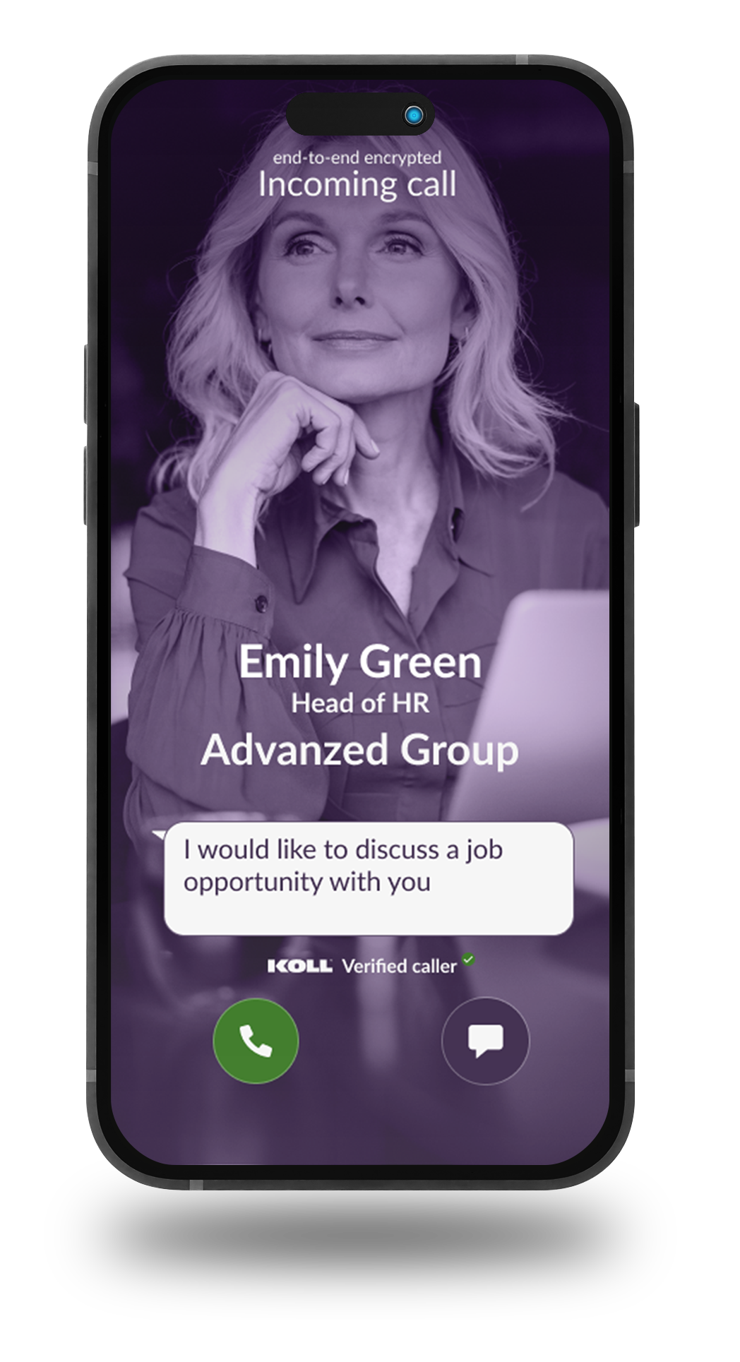 A smartphone screen with a video call with a female person, Malla Kosinen, HR Director, Rekrytaivas Oy, answers the call. The screen shows her name and job title in text, and the video image shows the woman looking away.