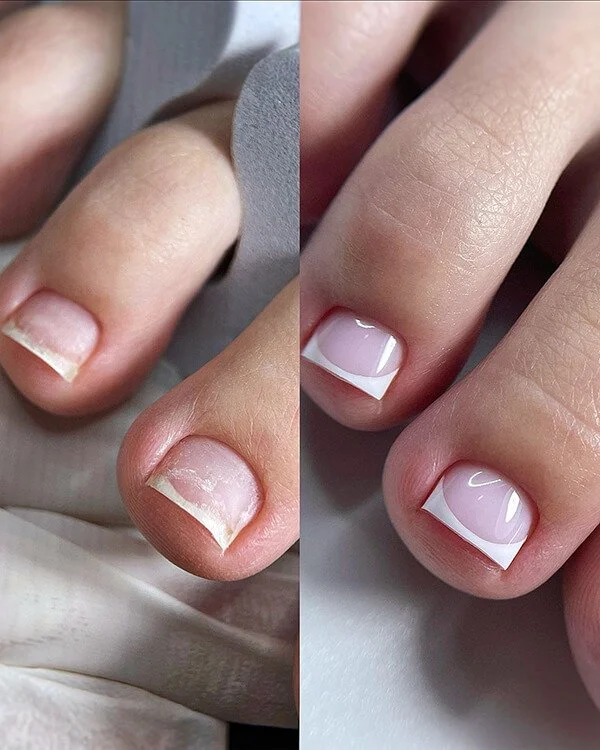 Before and after Russian dry pedicure with French finish at Nail House USA in Jacksonville