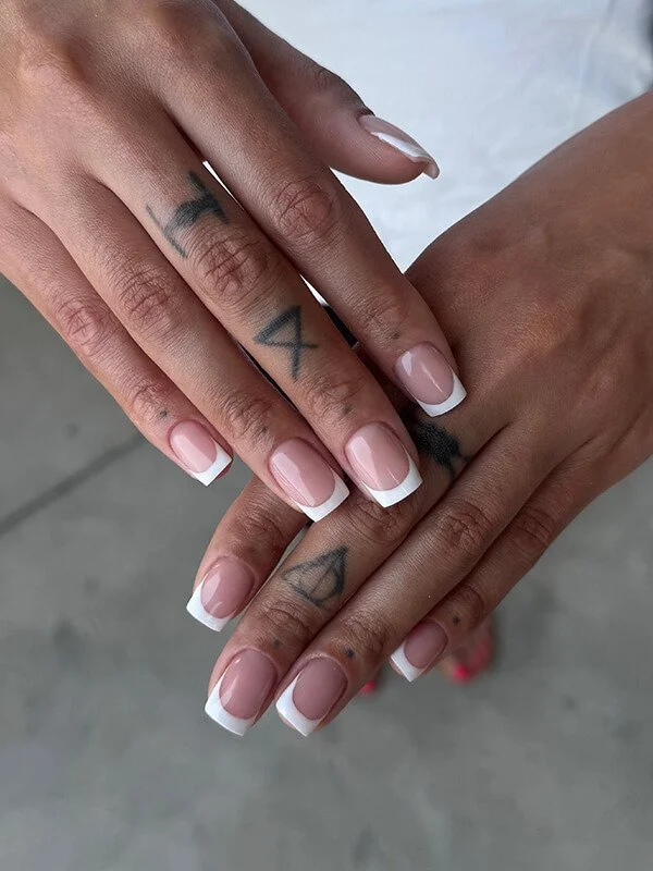 Russian manicure with French tips on short square natural nails