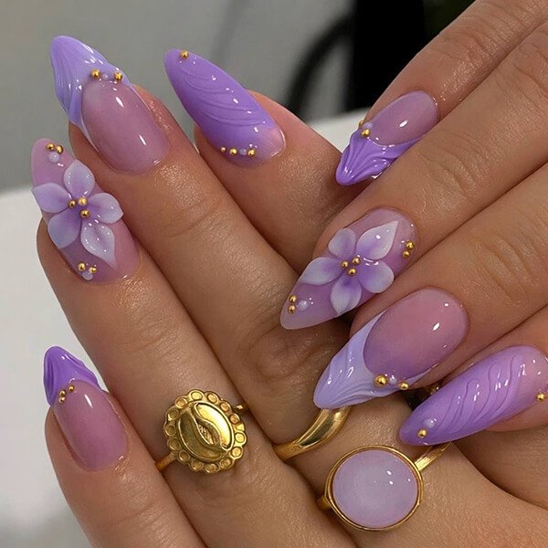Gel nail extensions with lavender 3D floral nail art at Nail House USA in Jacksonville