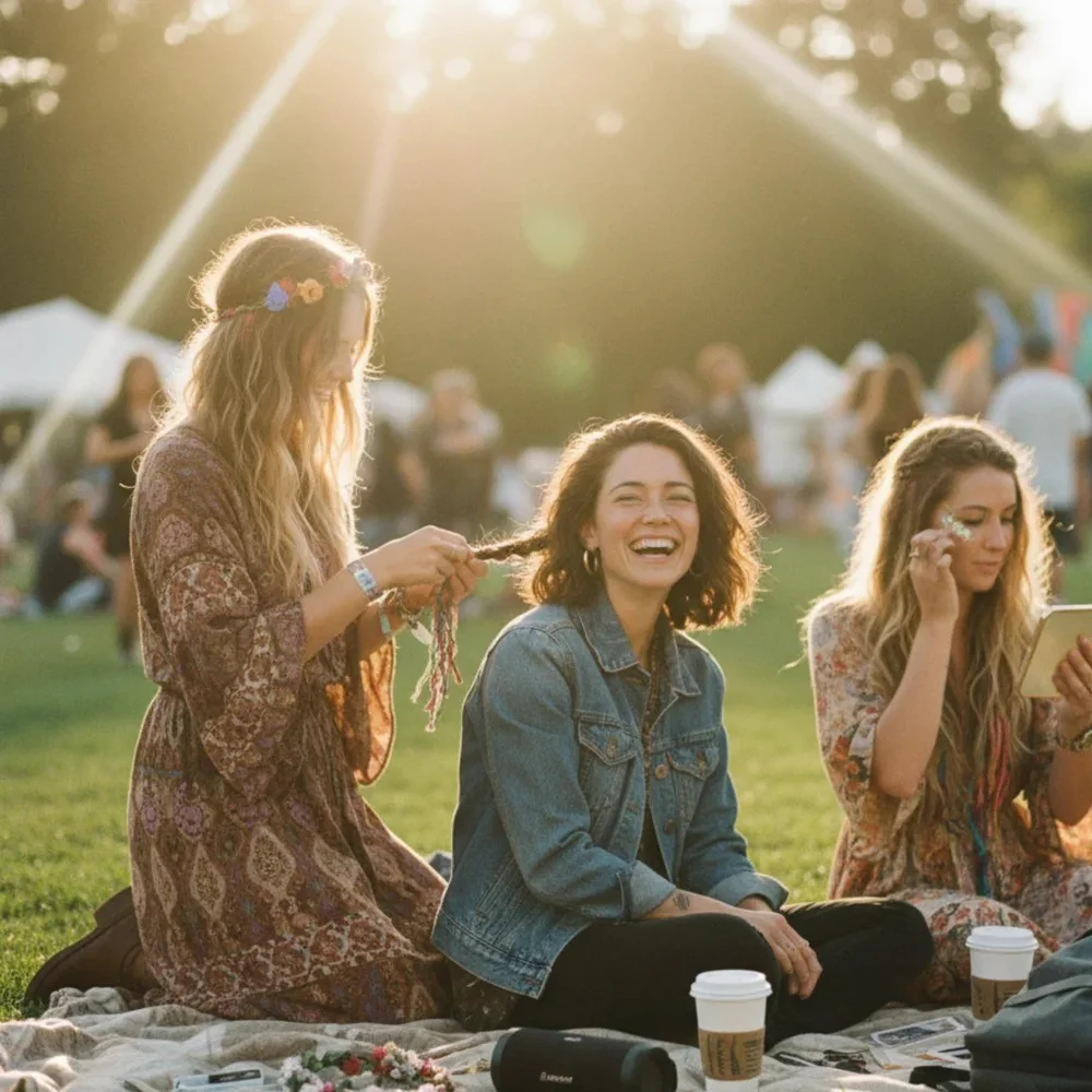 Friends relaxing on a blanket at a sunny outdoor concert in Eugene