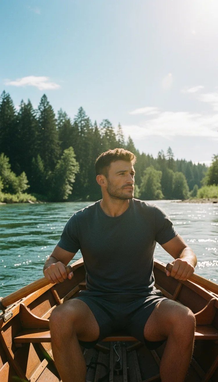 Rowing a wooden boat on a sunny Oregon river lined with firs