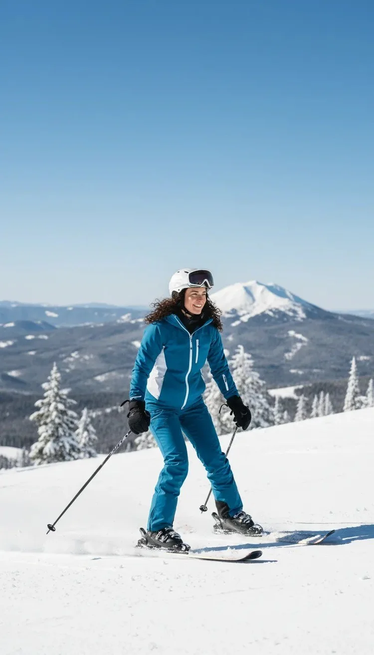 Skier on a sunny groomed run with a snowy Cascade peak behind