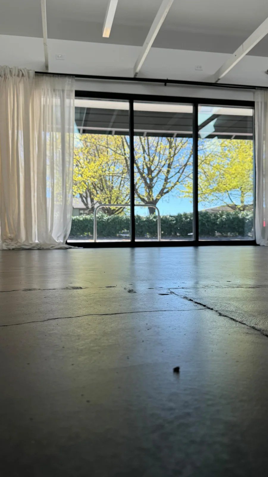Suite 120 empty, with skylights, exposed white beams and a wall of black-framed glass doors