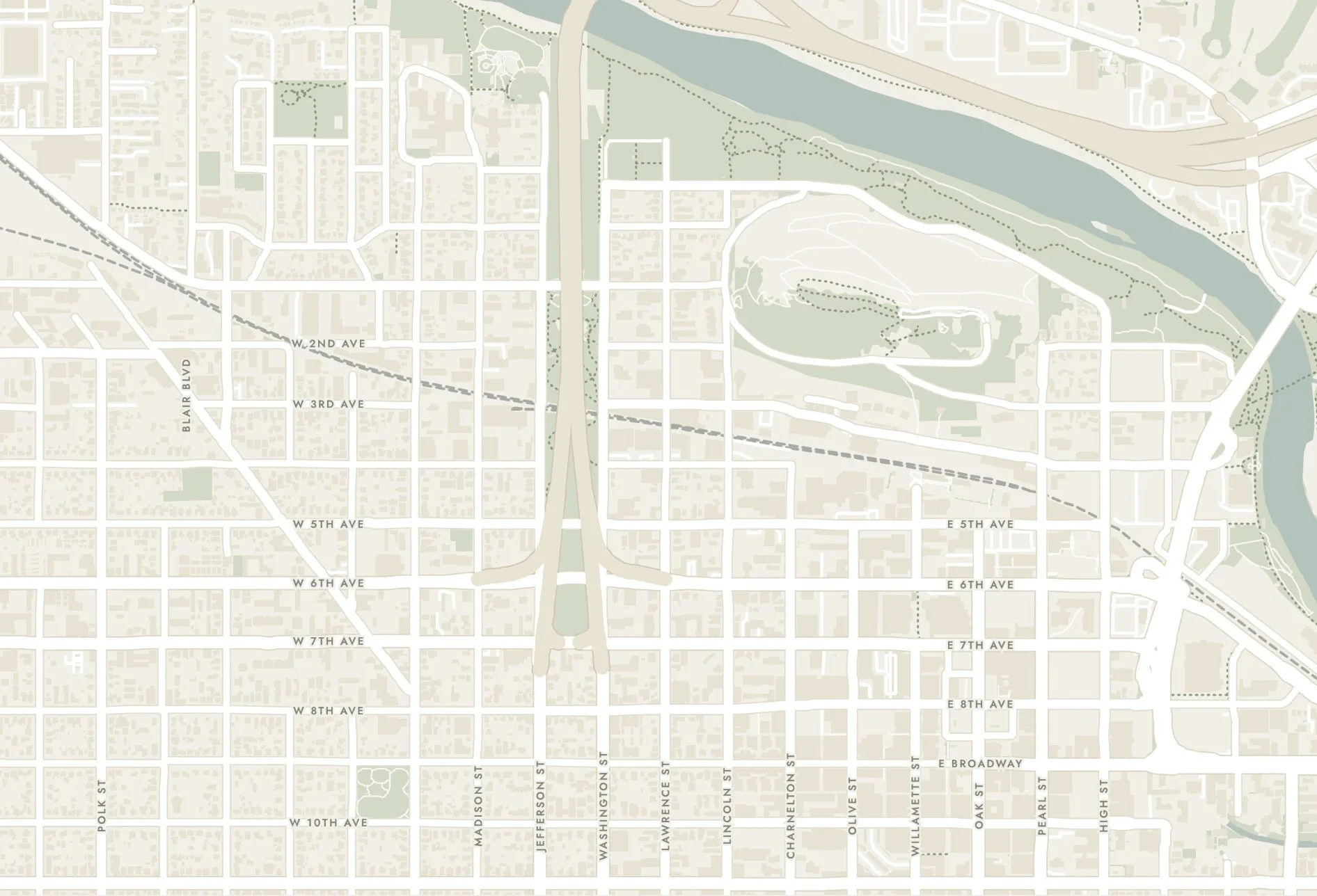 Street map of the blocks around The Local Motel at 6th and Lawrence, with numbered pins for nearby favorites and coffee
