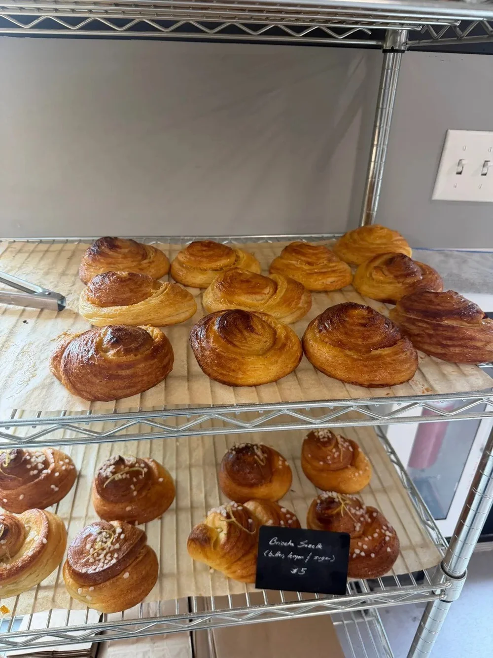 Brioche pastries on the La Mouette rack