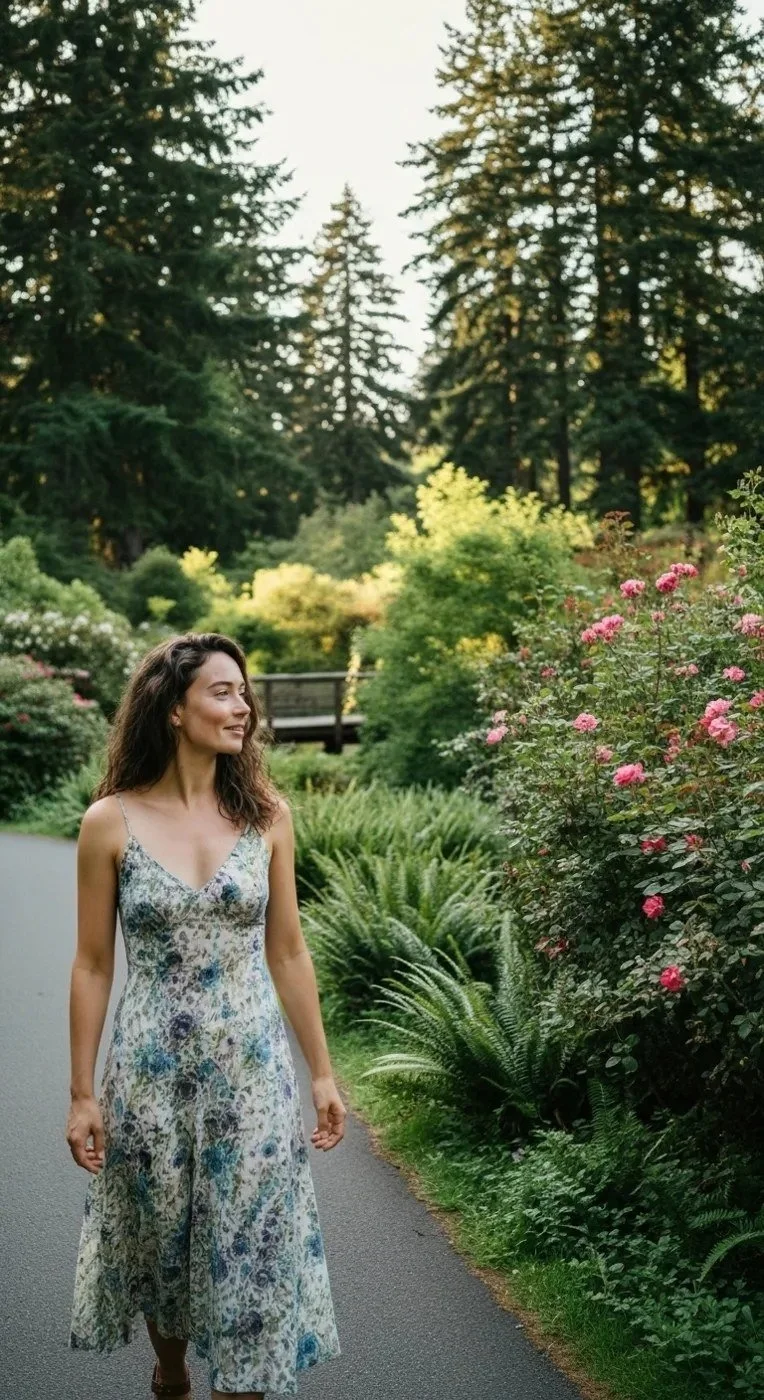 Woman in a summer dress walking a garden path lined with roses and tall firs