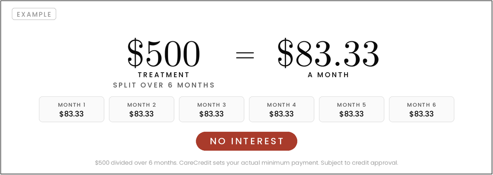 A $500 treatment split into six monthly payments of $83.33 with no interest through CareCredit at AnatomicL