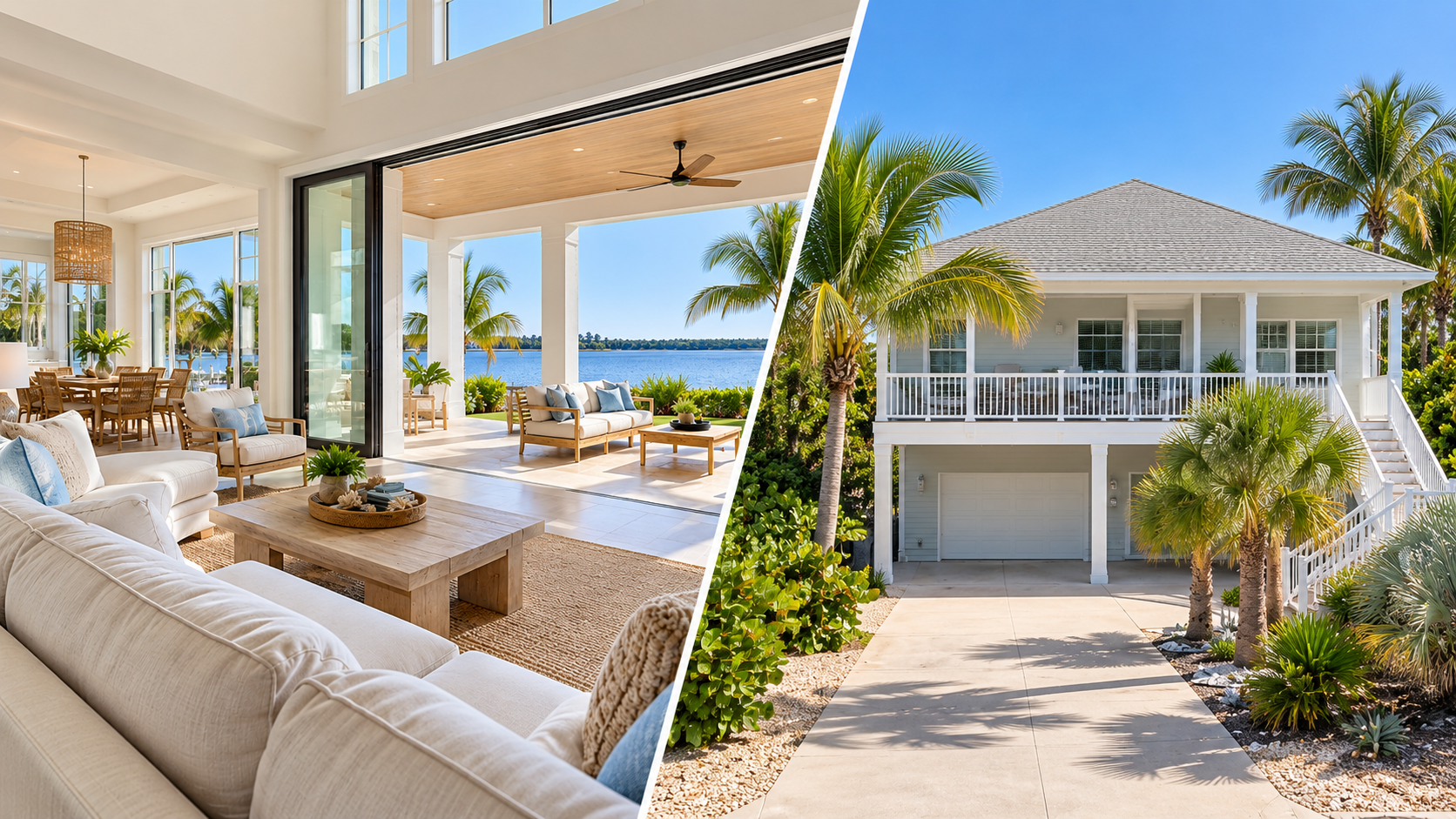 Illustrative interior and ground-level exterior of a coastal home