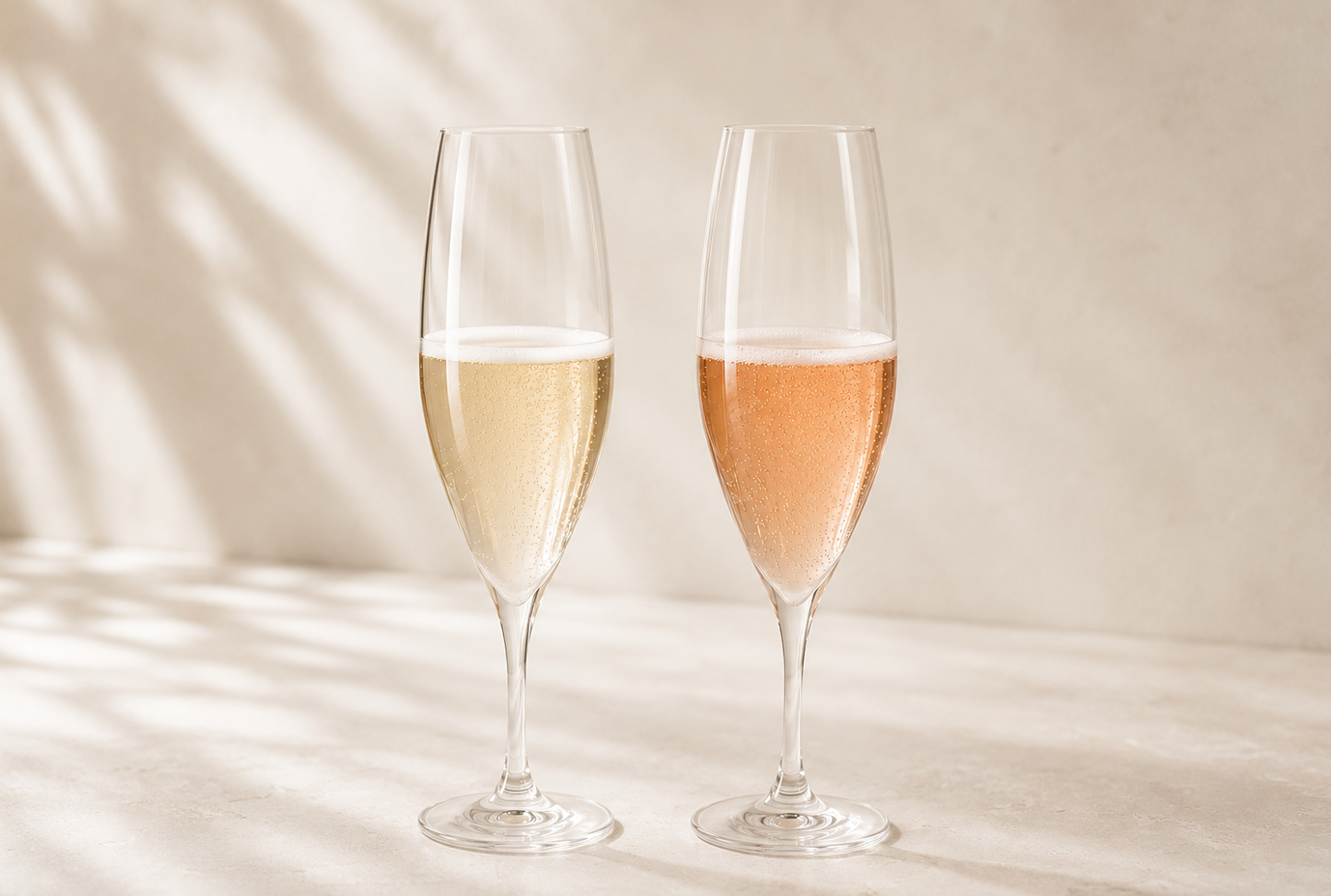 Two glasses of Glimmer sparkling wine, white and ros&eacute;, styled with flowers and a charcuterie spread